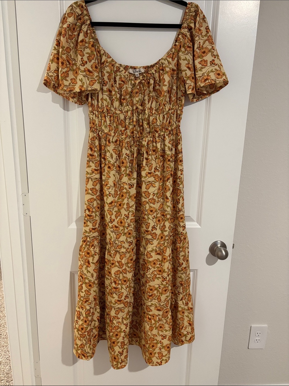 Blush Floral Smocked Midi Dress in Cream, Mustard and Rust